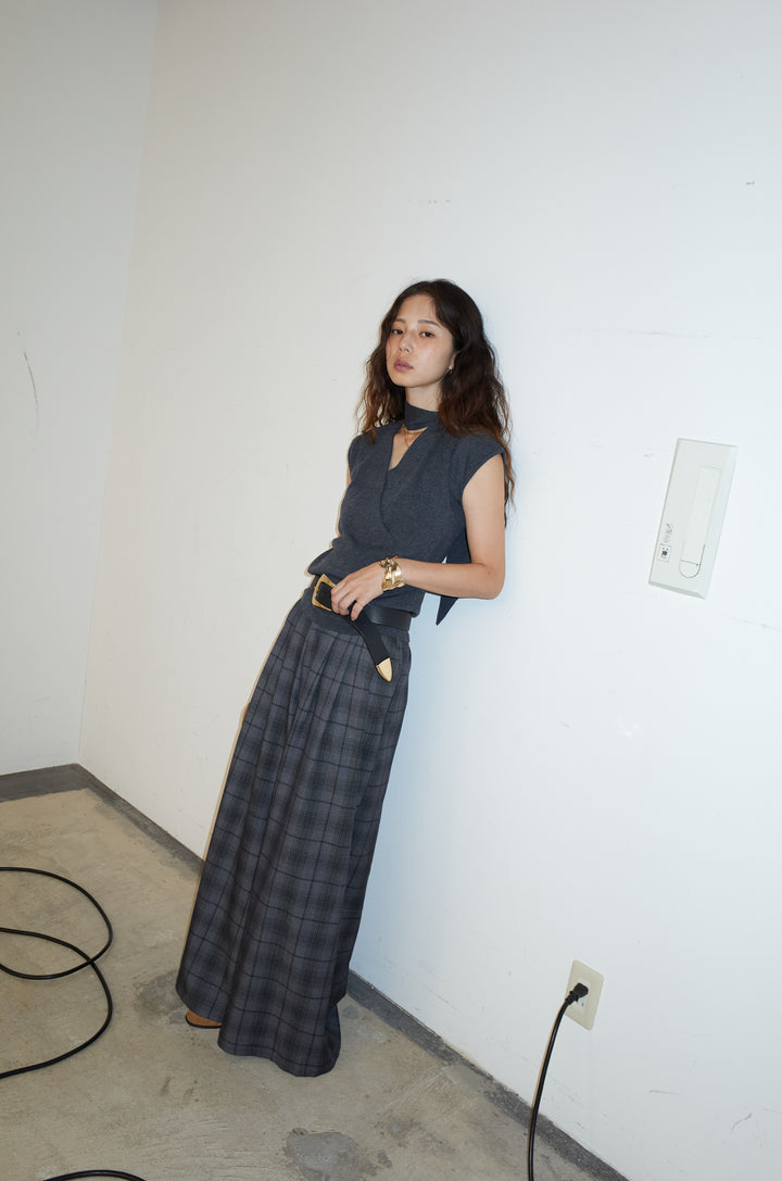 [予約/SET]タイつきVネックニットPO+チェックワイドタックパンツ(2set)