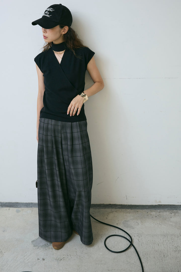 [予約/SET]タイつきVネックニットPO+チェックワイドタックパンツ(2set)