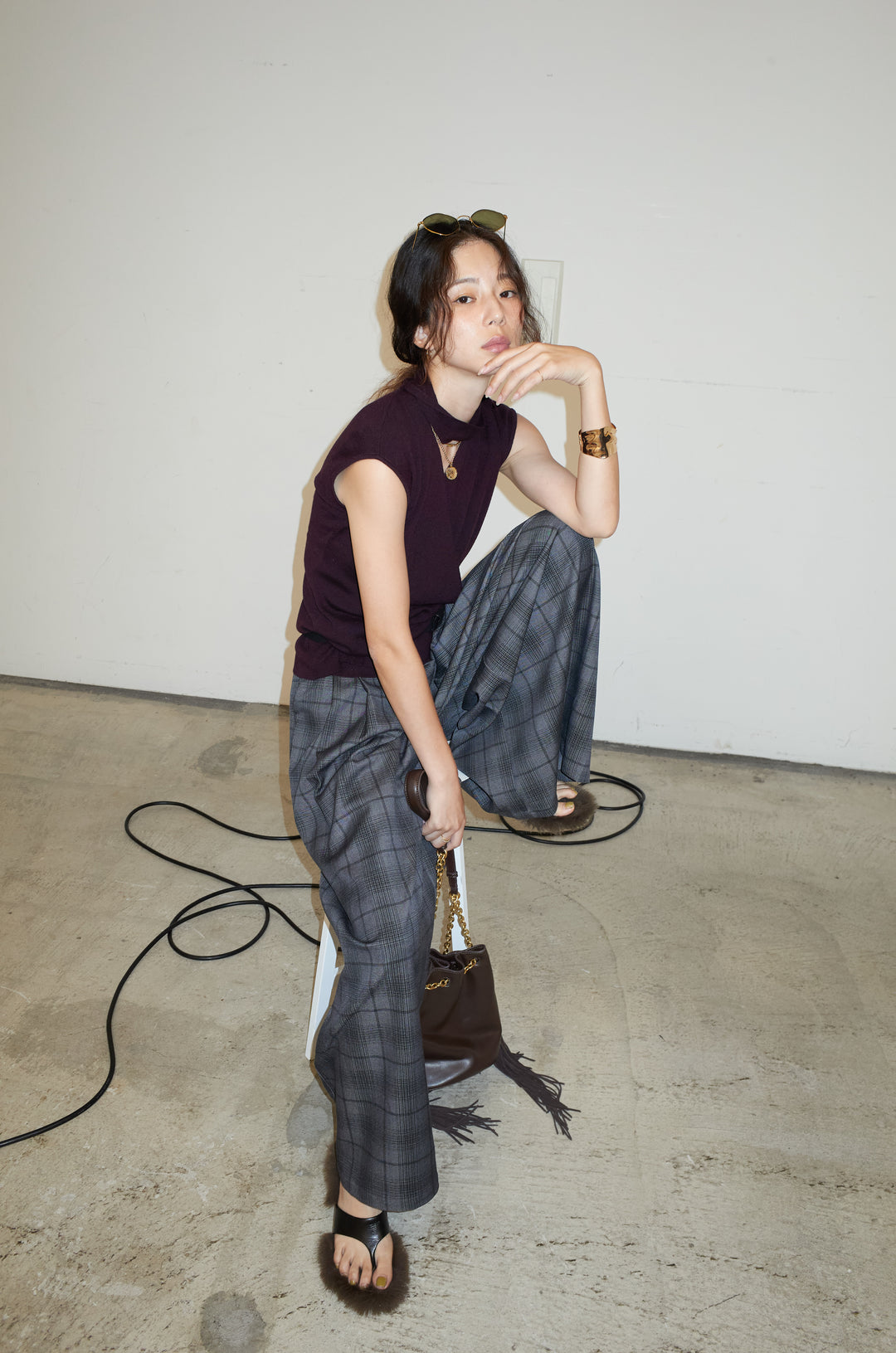 [予約/SET]タイつきVネックニットPO+チェックワイドタックパンツ(2set)