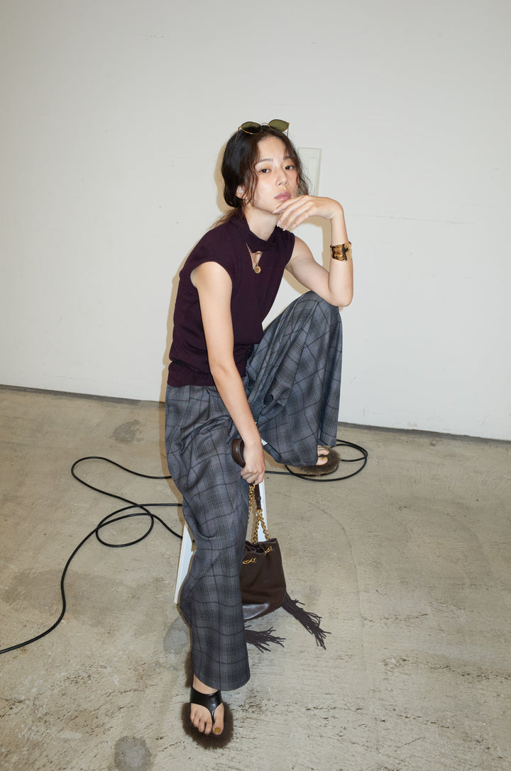 [予約/SET]タイつきVネックニットPO+チェックワイドタックパンツ(2set)