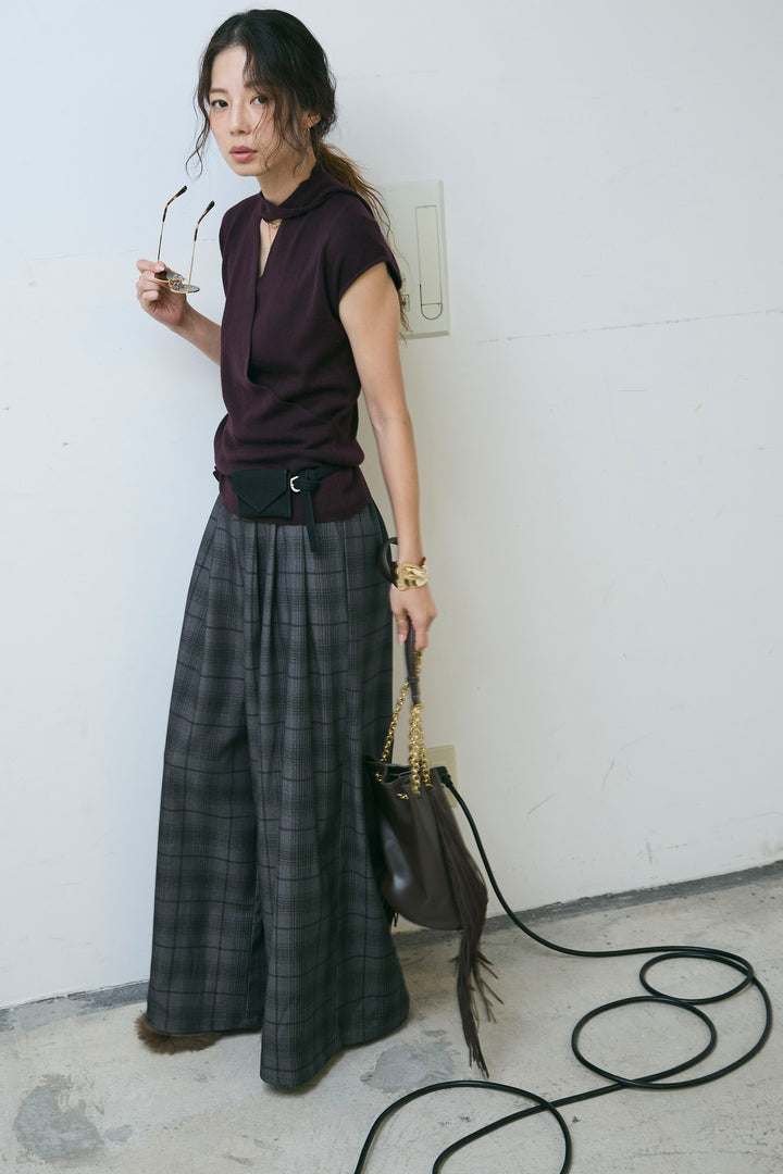 [予約/SET]タイつきVネックニットPO+チェックワイドタックパンツ(2set)