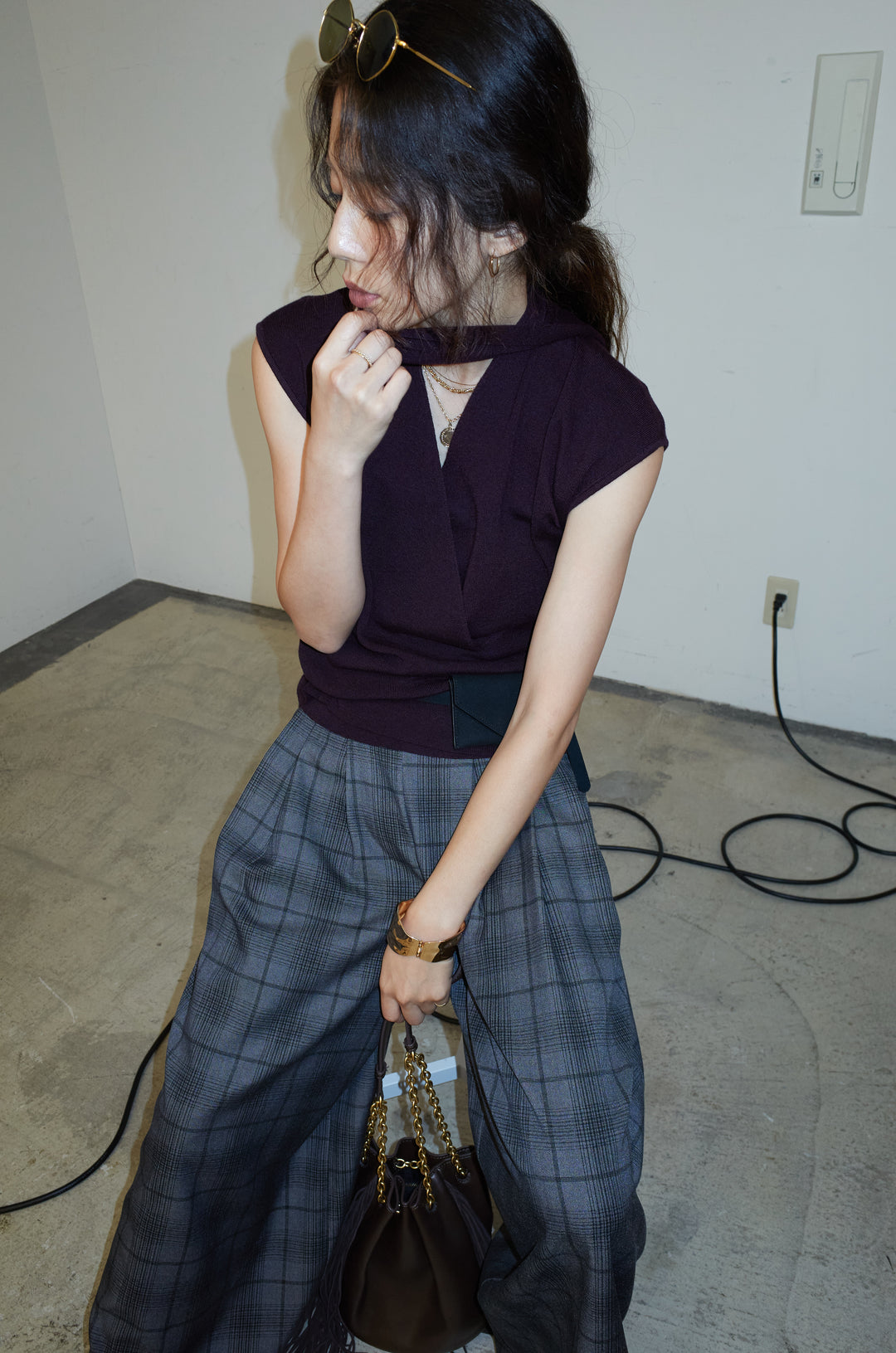 [予約/SET]タイつきVネックニットPO+チェックワイドタックパンツ(2set)