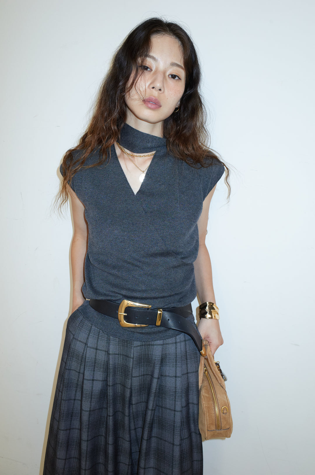 [予約/SET]タイつきVネックニットPO+チェックワイドタックパンツ(2set)