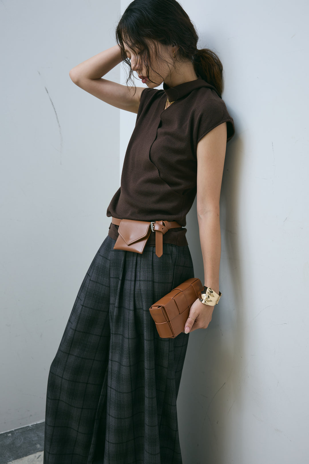 [予約/SET]タイつきVネックニットPO+チェックワイドタックパンツ(2set)