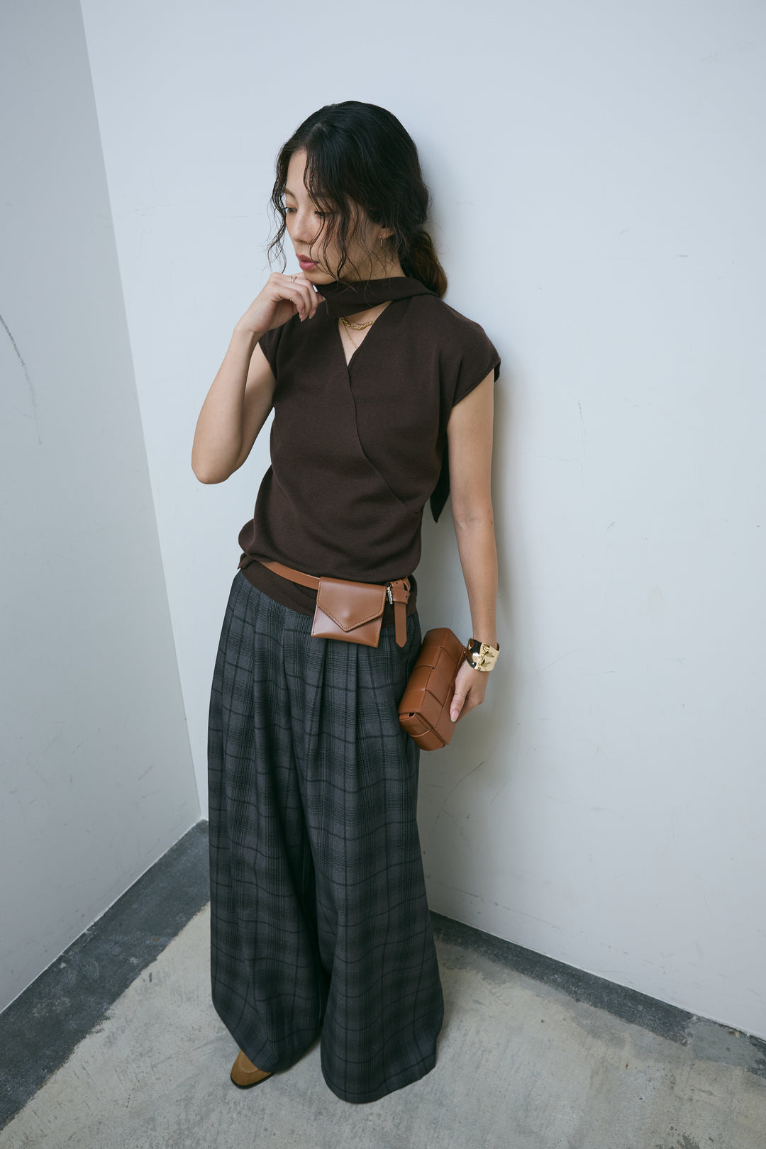 [予約/SET]タイつきVネックニットPO+チェックワイドタックパンツ(2set)