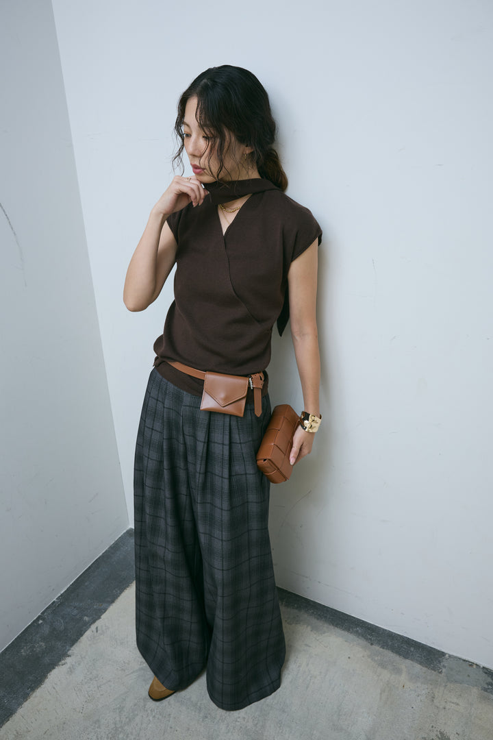 [予約/SET]タイつきVネックニットPO+チェックワイドタックパンツ(2set)