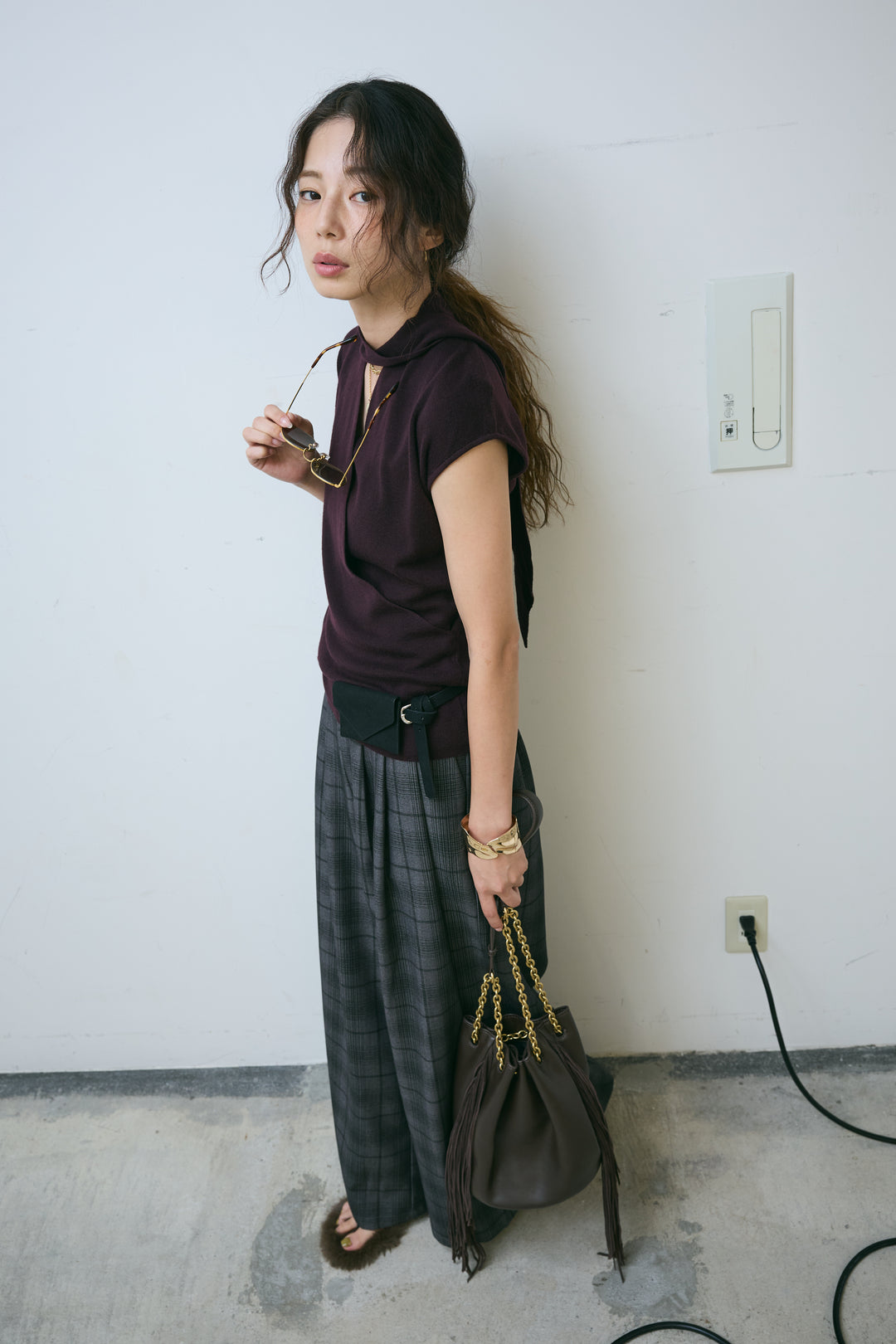 [予約/SET]タイつきVネックニットPO+チェックワイドタックパンツ(2set)