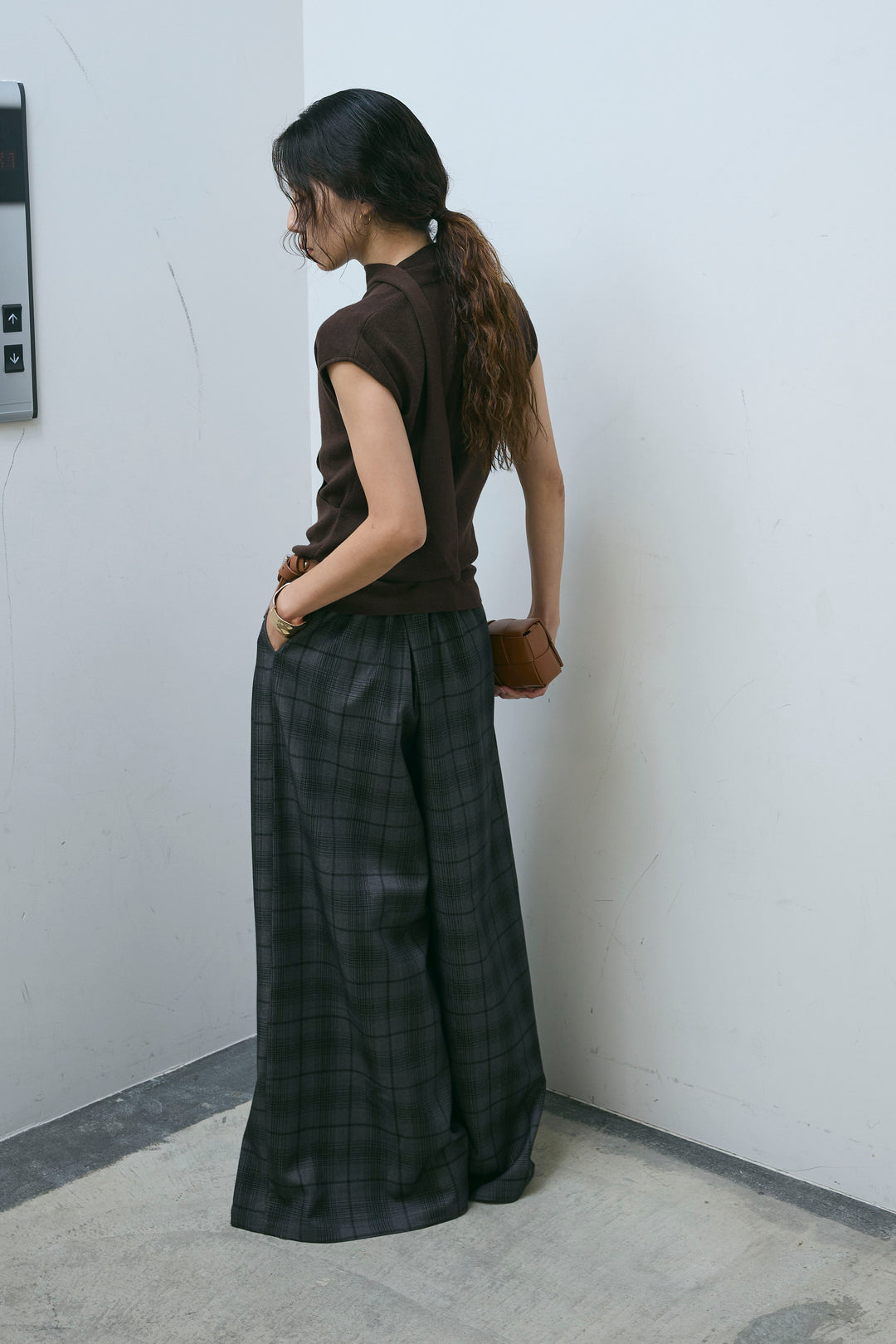 [予約/SET]タイつきVネックニットPO+チェックワイドタックパンツ(2set)