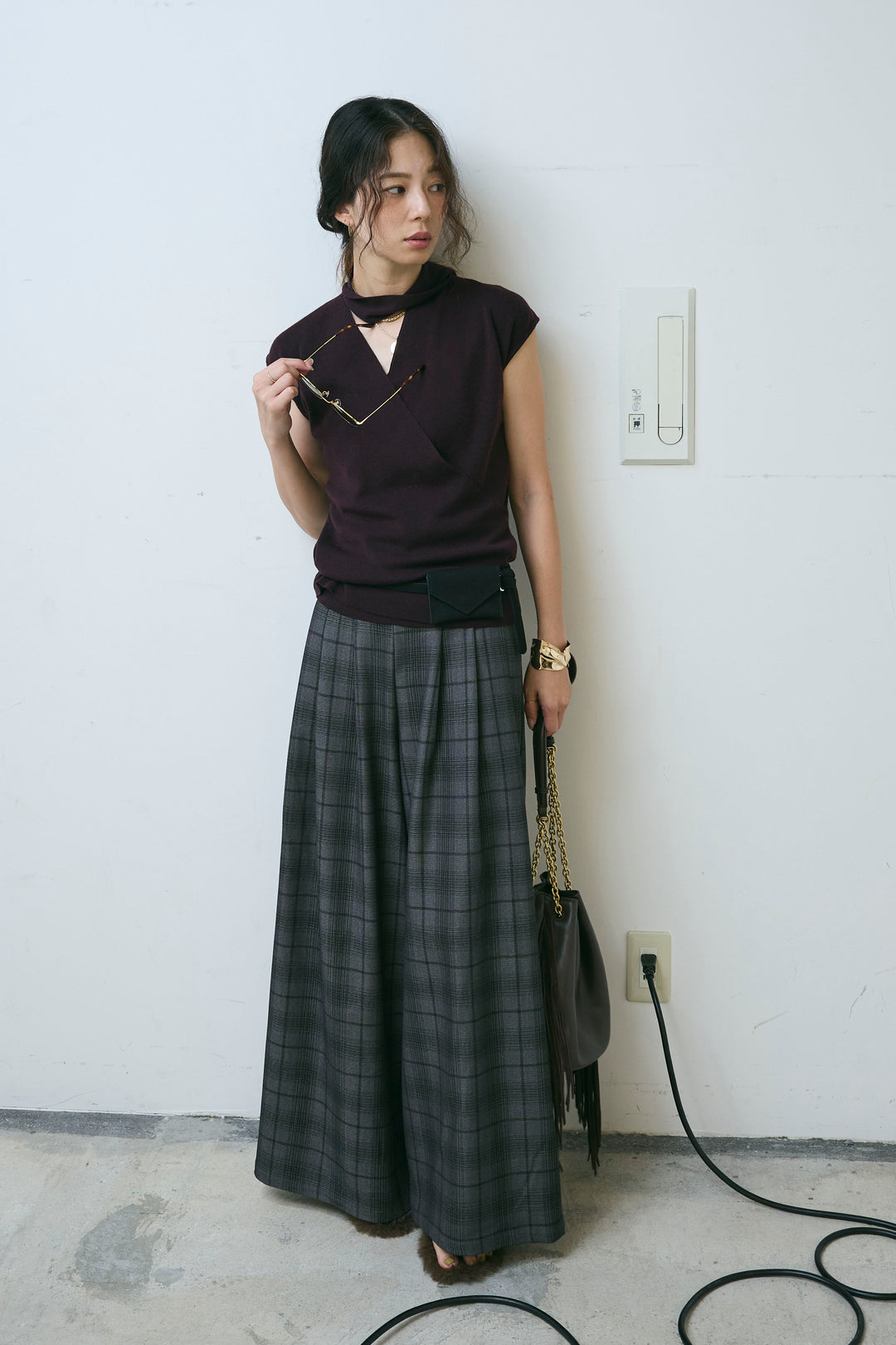 [予約/SET]タイつきVネックニットPO+チェックワイドタックパンツ(2set)