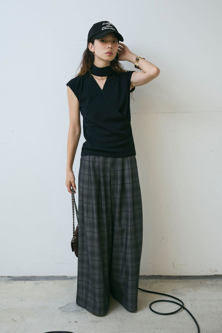 [予約/SET]タイつきVネックニットPO+チェックワイドタックパンツ(2set)