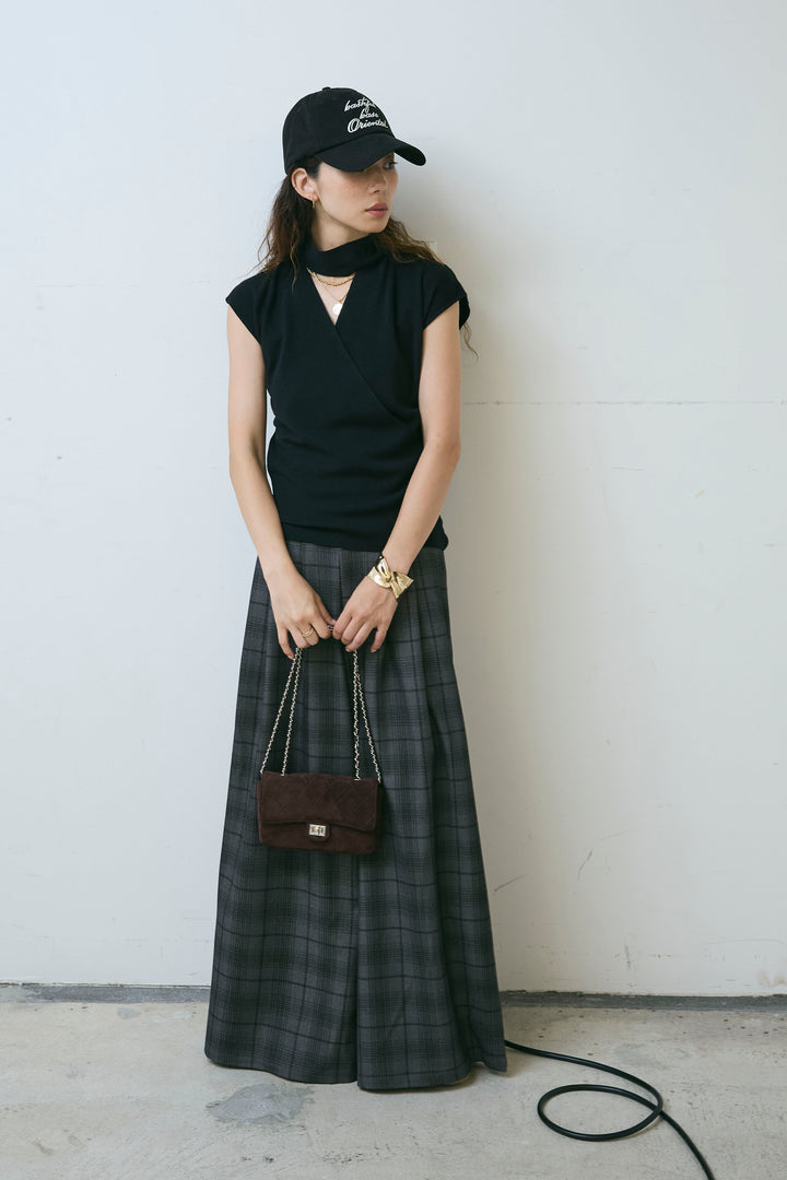 [予約/SET]タイつきVネックニットPO+チェックワイドタックパンツ(2set)