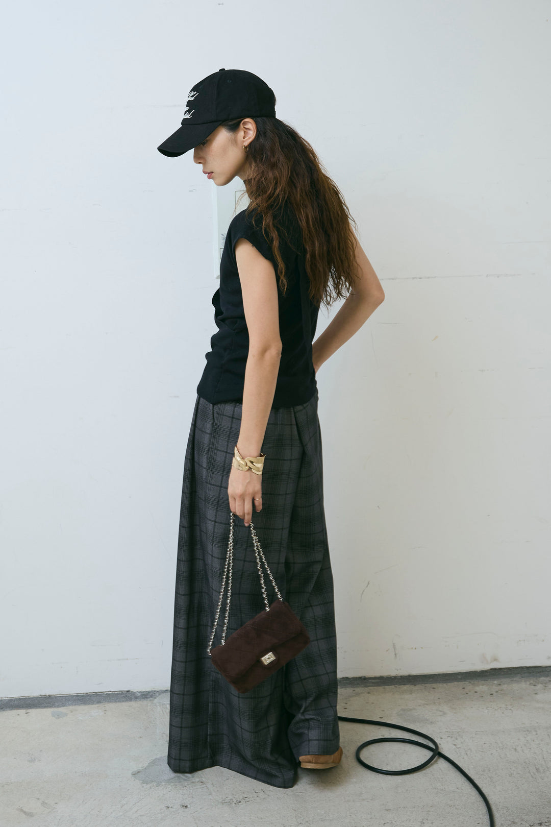 [予約/SET]タイつきVネックニットPO+チェックワイドタックパンツ(2set)