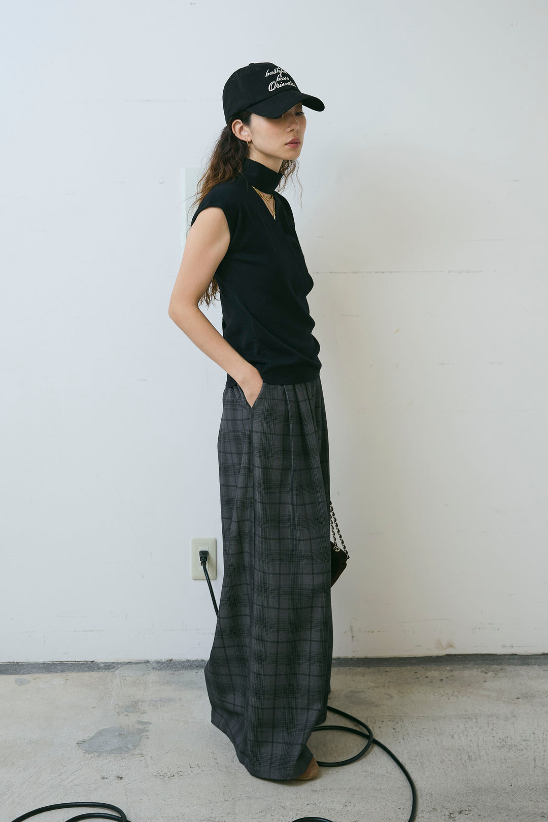 [予約/SET]タイつきVネックニットPO+チェックワイドタックパンツ(2set)