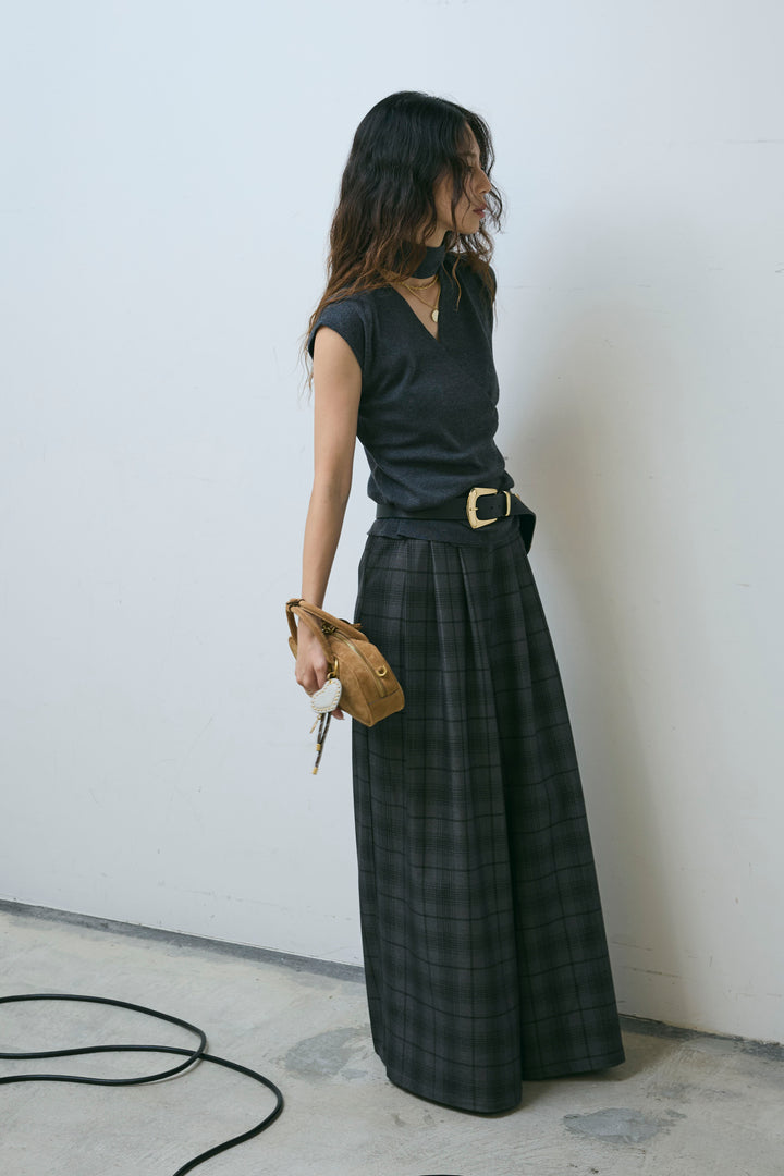 [予約/SET]タイつきVネックニットPO+チェックワイドタックパンツ(2set)