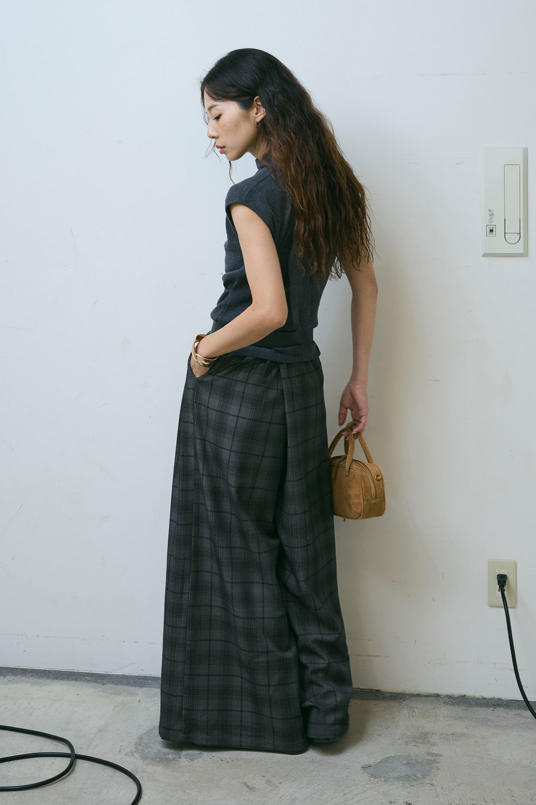 [予約/SET]タイつきVネックニットPO+チェックワイドタックパンツ(2set)