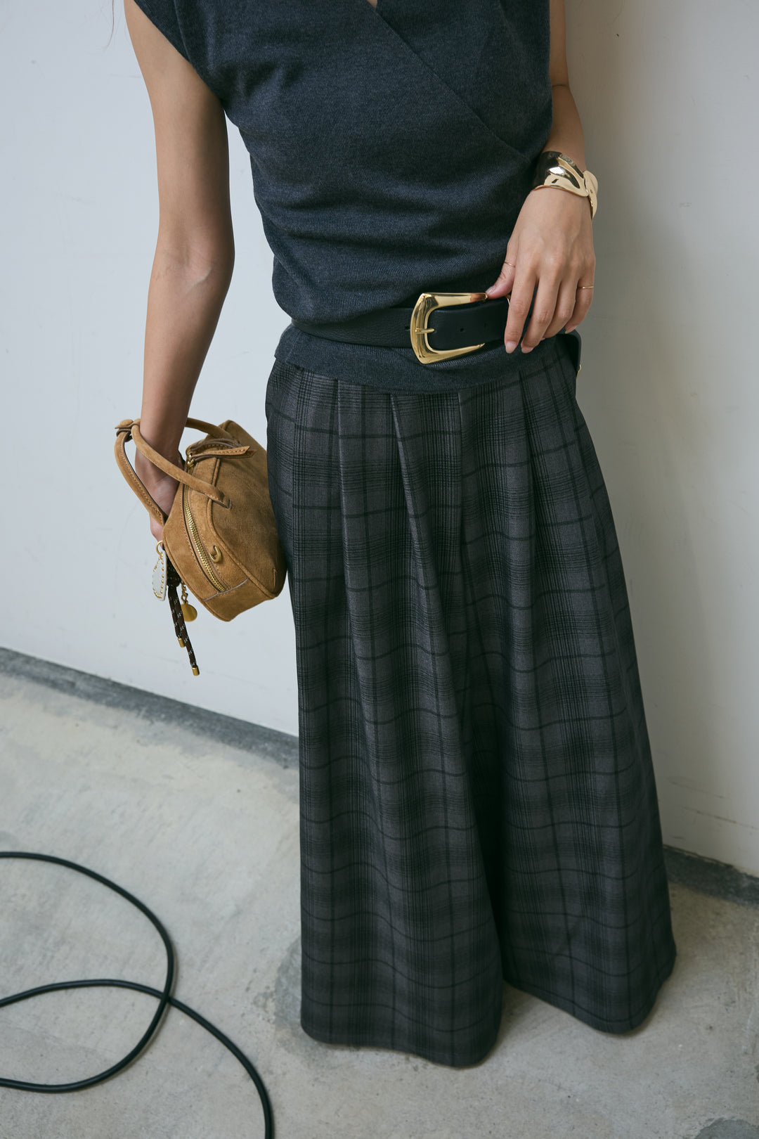 [予約/SET]タイつきVネックニットPO+チェックワイドタックパンツ(2set)