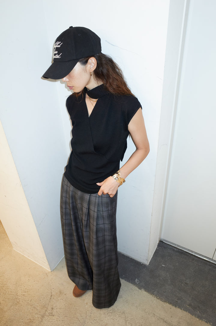 [予約/SET]タイつきVネックニットPO+チェックワイドタックパンツ(2set)