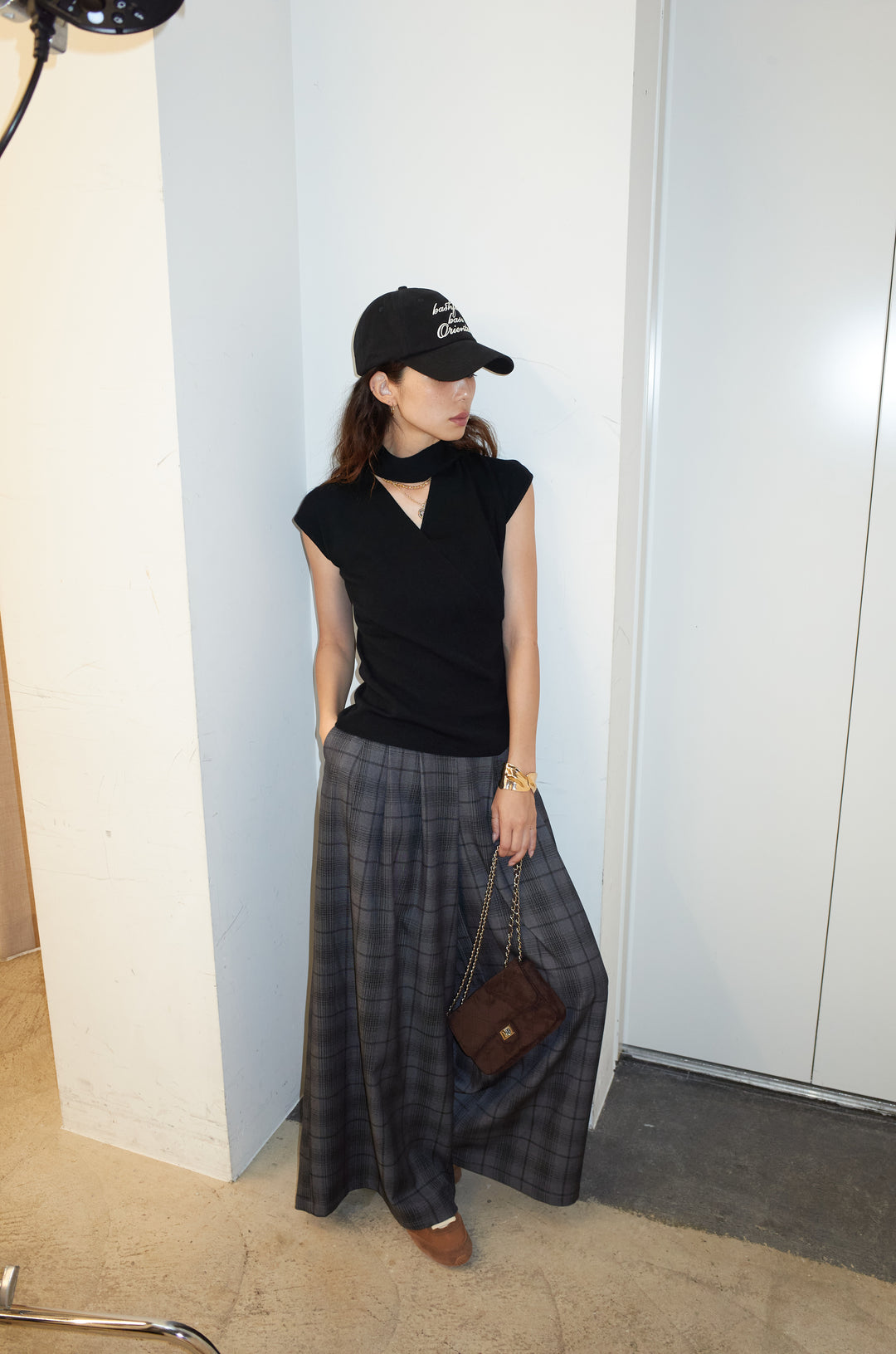 [予約/SET]タイつきVネックニットPO+チェックワイドタックパンツ(2set)