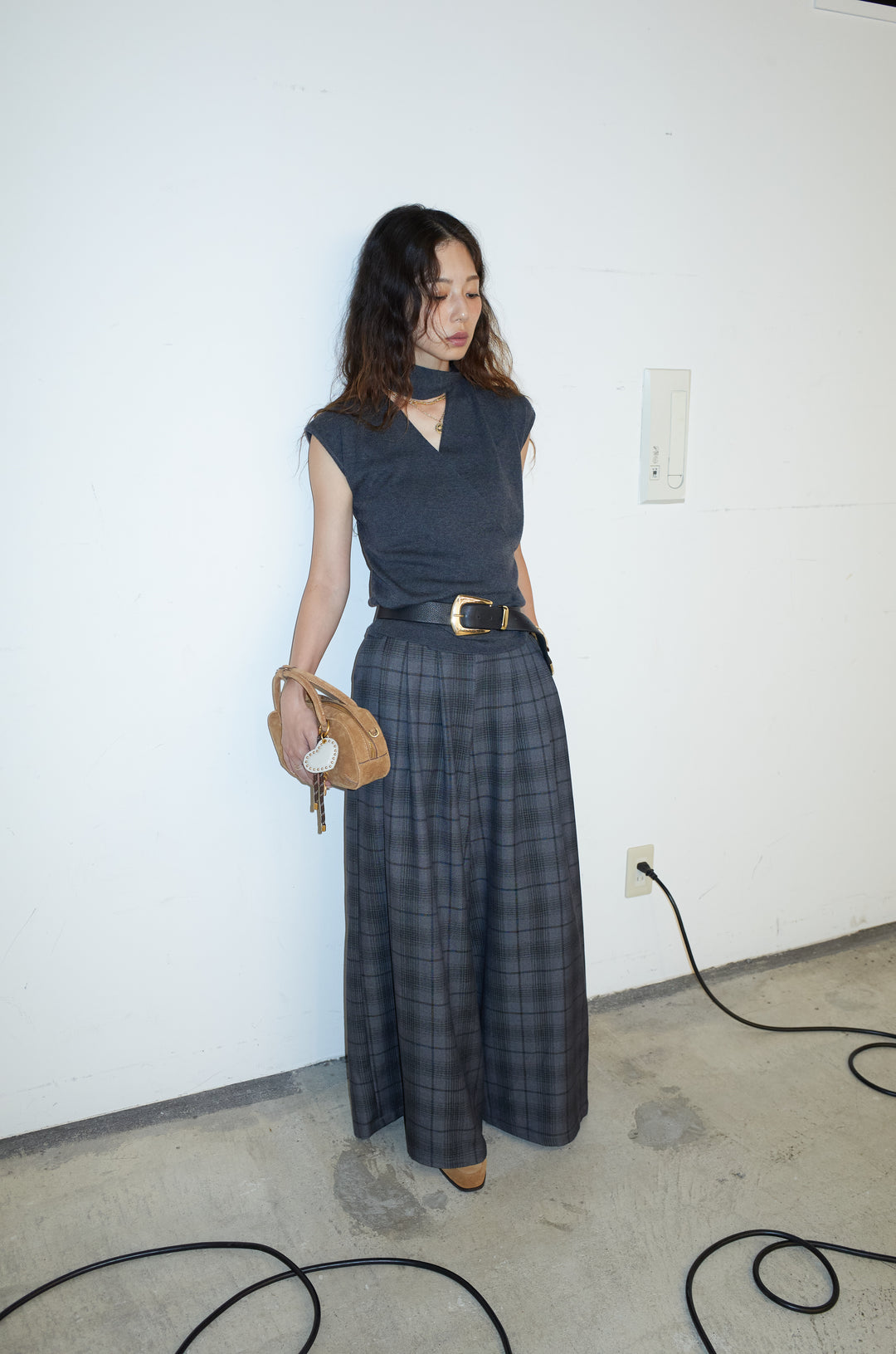 [予約/SET]タイつきVネックニットPO+チェックワイドタックパンツ(2set)