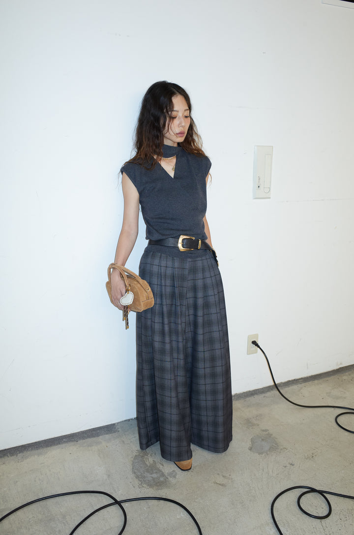 [予約/SET]タイつきVネックニットPO+チェックワイドタックパンツ(2set)