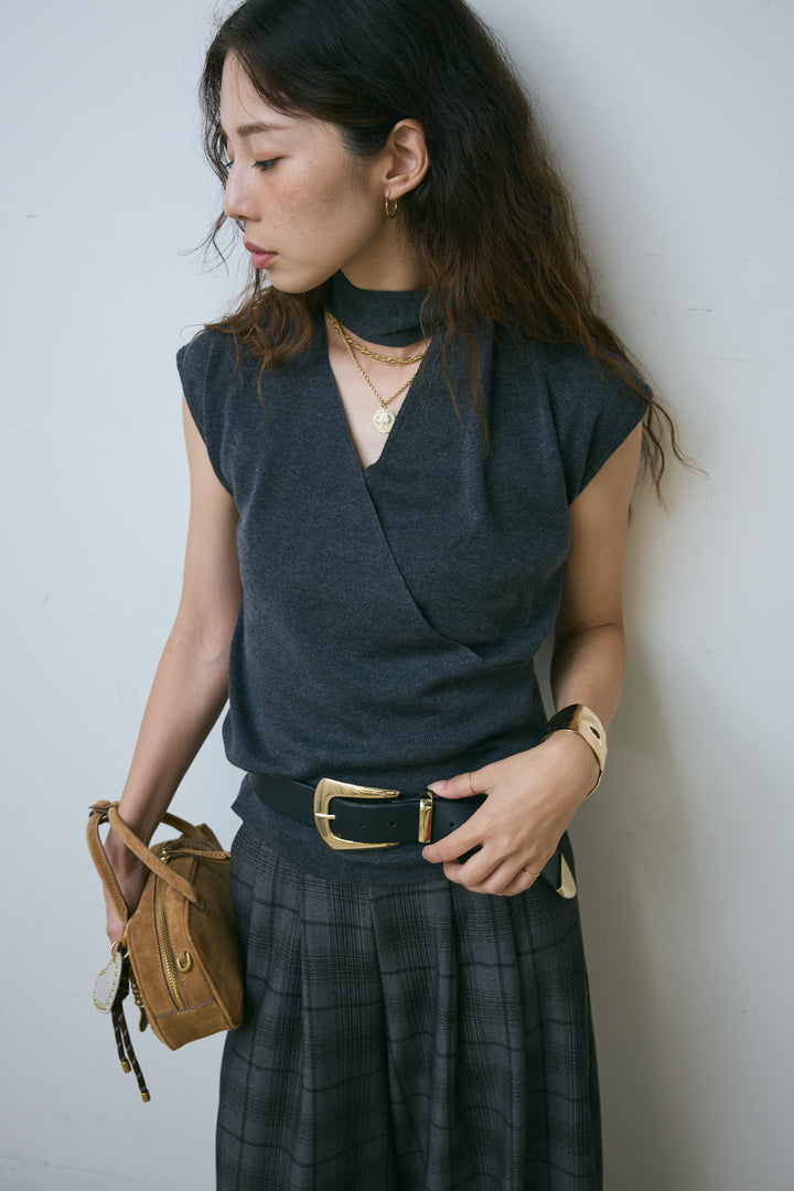 [予約/SET]タイつきVネックニットPO+チェックワイドタックパンツ(2set)