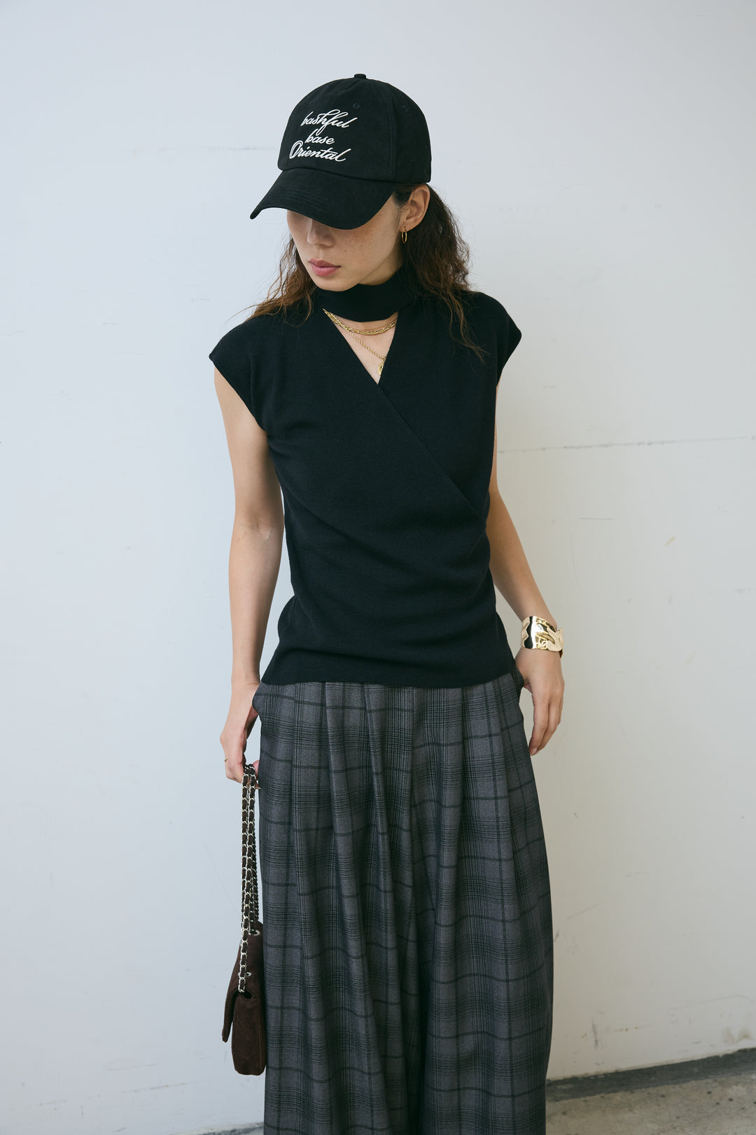 [予約/SET]タイつきVネックニットPO+チェックワイドタックパンツ(2set)