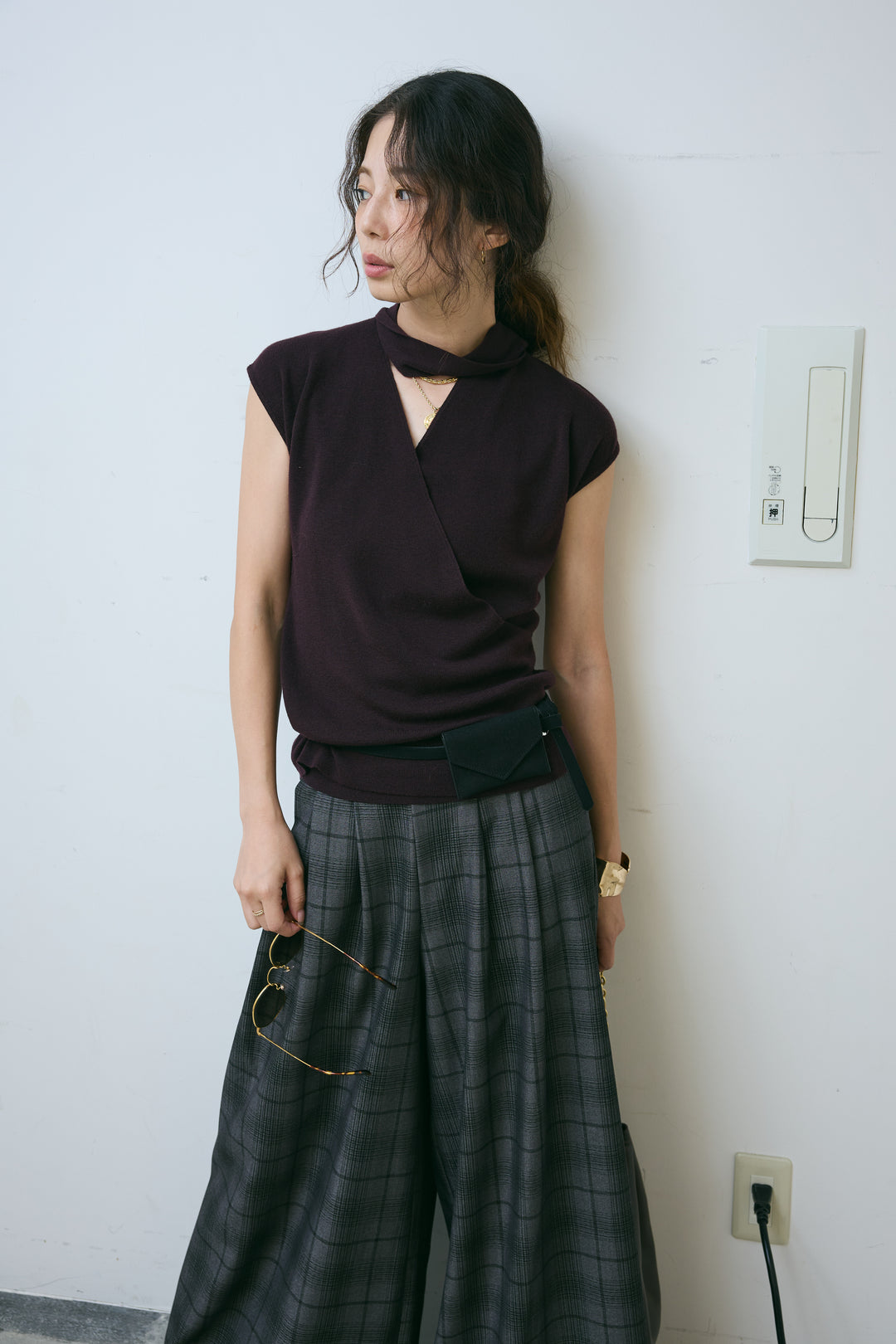 [予約/SET]タイつきVネックニットPO+チェックワイドタックパンツ(2set)