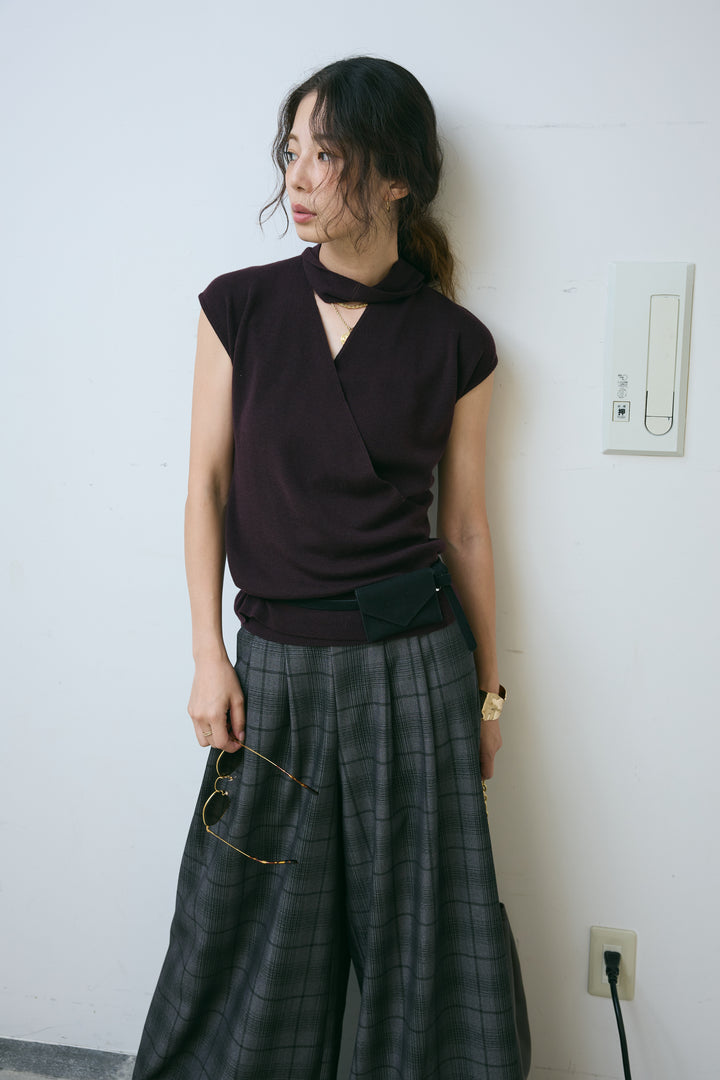 [予約/SET]タイつきVネックニットPO+チェックワイドタックパンツ(2set)