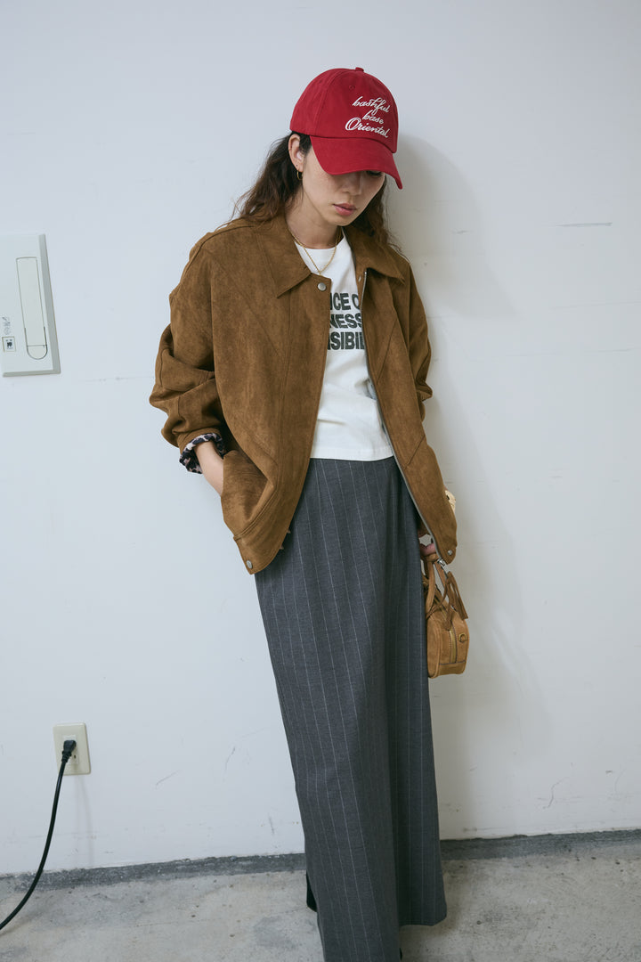 [予約/SET]フェイクスウェードブルゾン+アソートストライプバックスリットスカート(2set)