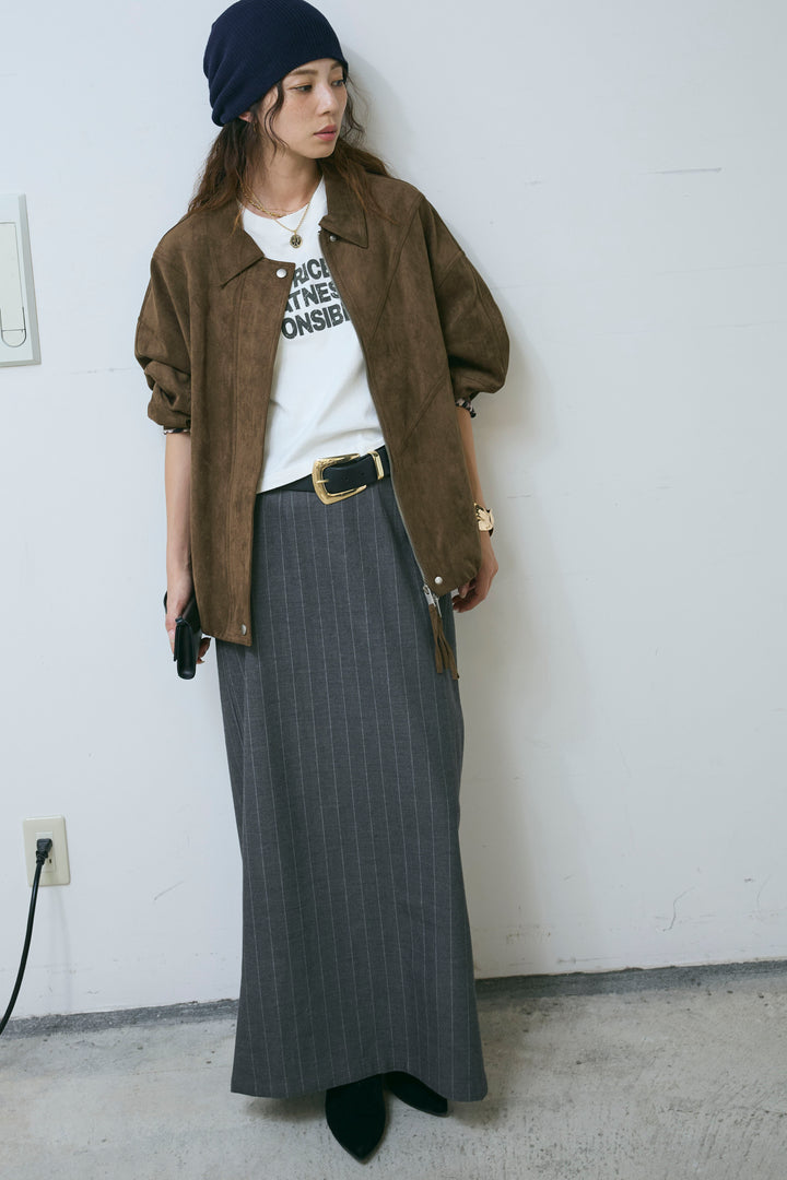 [予約/SET]フェイクスウェードブルゾン+ピグメントロゴショート丈T+アソートストライプバックスリットスカート(3set)