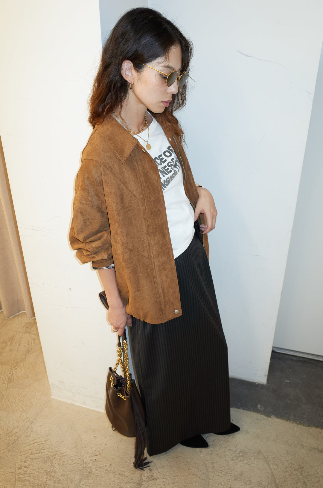 [予約/SET]フェイクスウェードブルゾン+アソートストライプバックスリットスカート(2set)