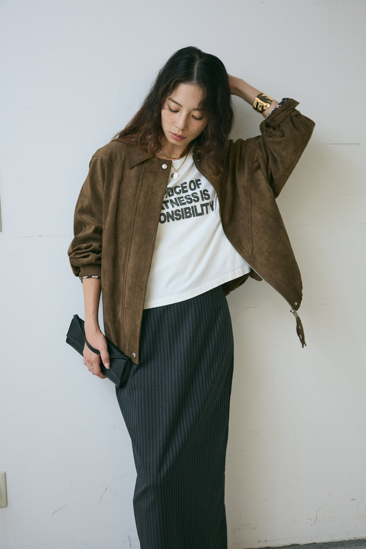 [予約/SET]フェイクスウェードブルゾン+アソートストライプバックスリットスカート(2set)