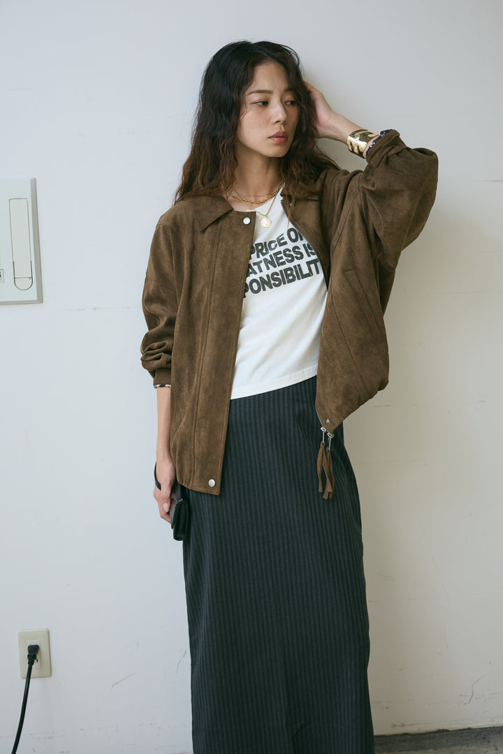 [予約/SET]フェイクスウェードブルゾン+アソートストライプバックスリットスカート(2set)