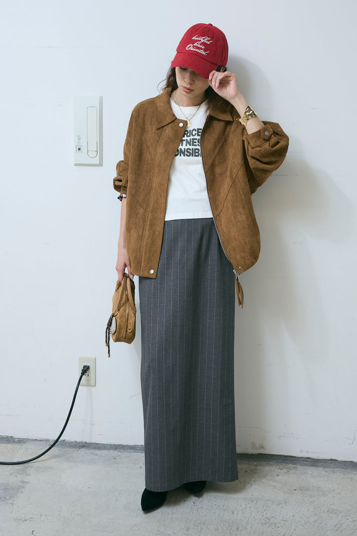 [予約/SET]フェイクスウェードブルゾン+アソートストライプバックスリットスカート(2set)