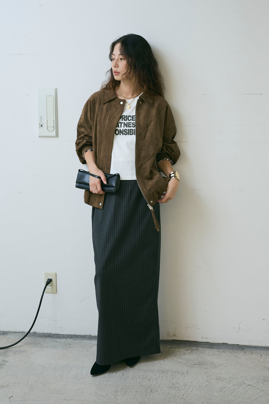 [予約/SET]フェイクスウェードブルゾン+アソートストライプバックスリットスカート(2set)