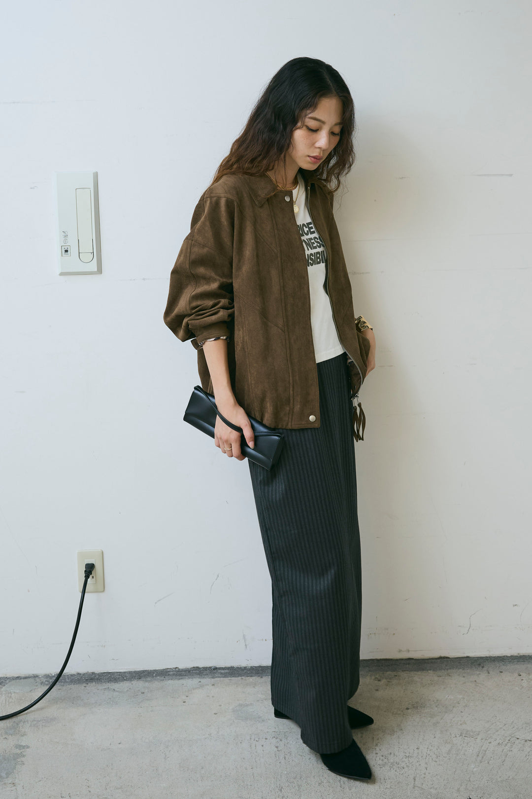 [予約/SET]フェイクスウェードブルゾン+アソートストライプバックスリットスカート(2set)