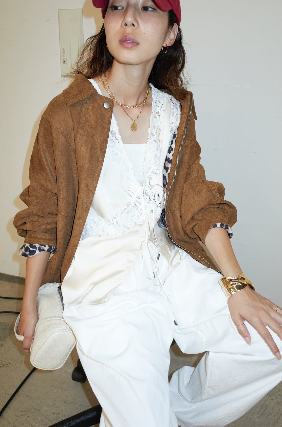 [予約/SET]フェイクスウェードブルゾン+ベロアレースサテンブラウス(2set)