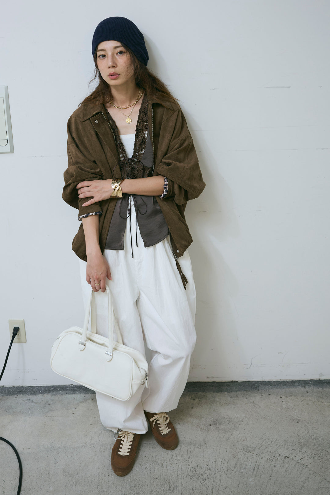 [予約/SET]フェイクスウェードブルゾン+裾ドロストナイロンパンツ(2set)