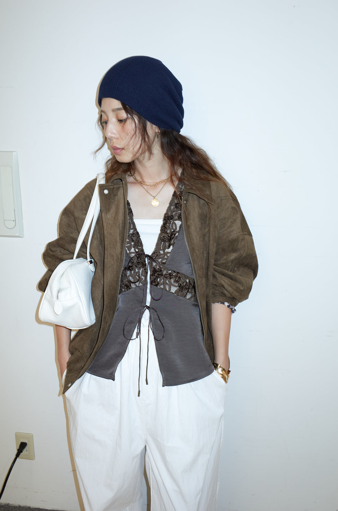 [予約/SET]フェイクスウェードブルゾン+裾ドロストナイロンパンツ(2set)