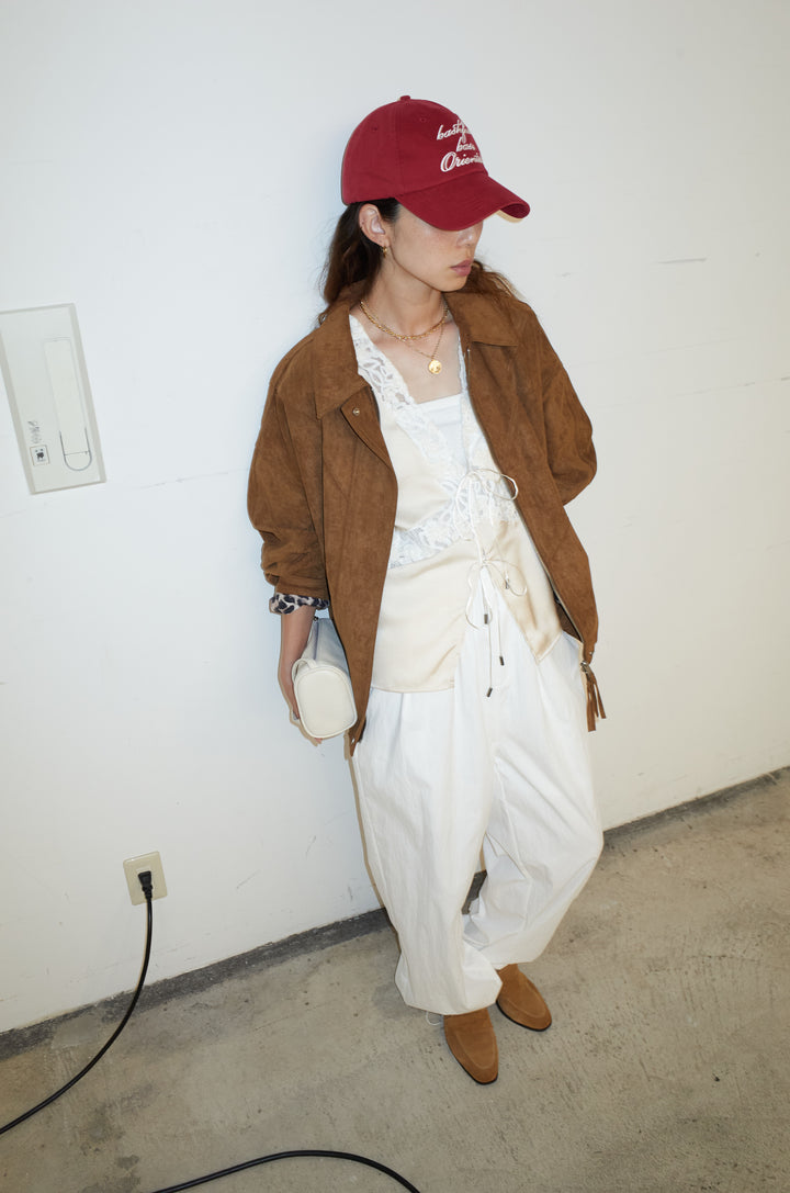 [予約/SET]フェイクスウェードブルゾン+ベロアレースサテンブラウス+裾ドロストナイロンパンツ(3set)