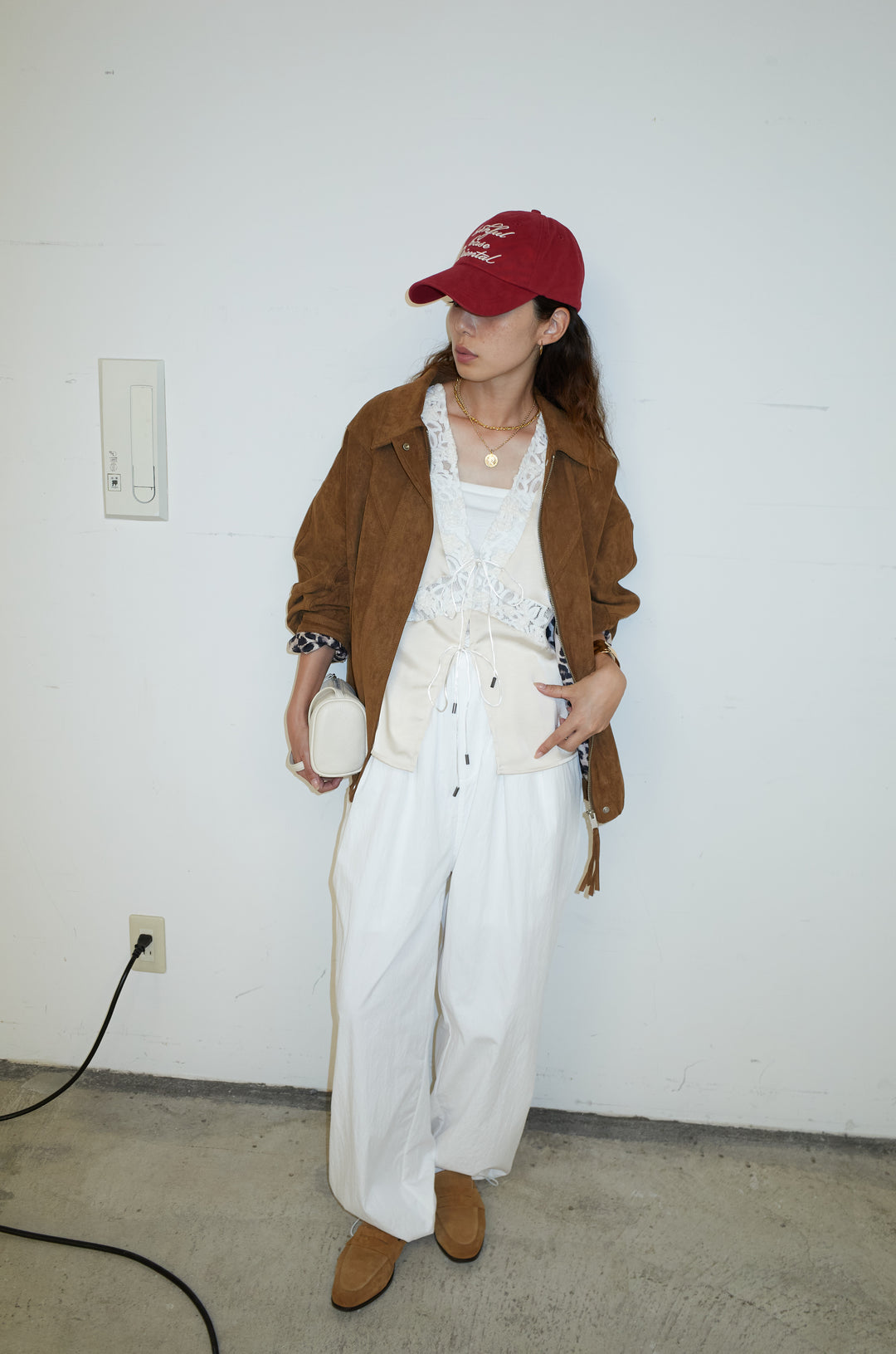 [予約/SET]フェイクスウェードブルゾン+ベロアレースサテンブラウス+裾ドロストナイロンパンツ(3set)