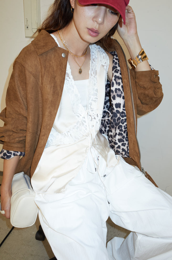 [予約/SET]フェイクスウェードブルゾン+ベロアレースサテンブラウス(2set)