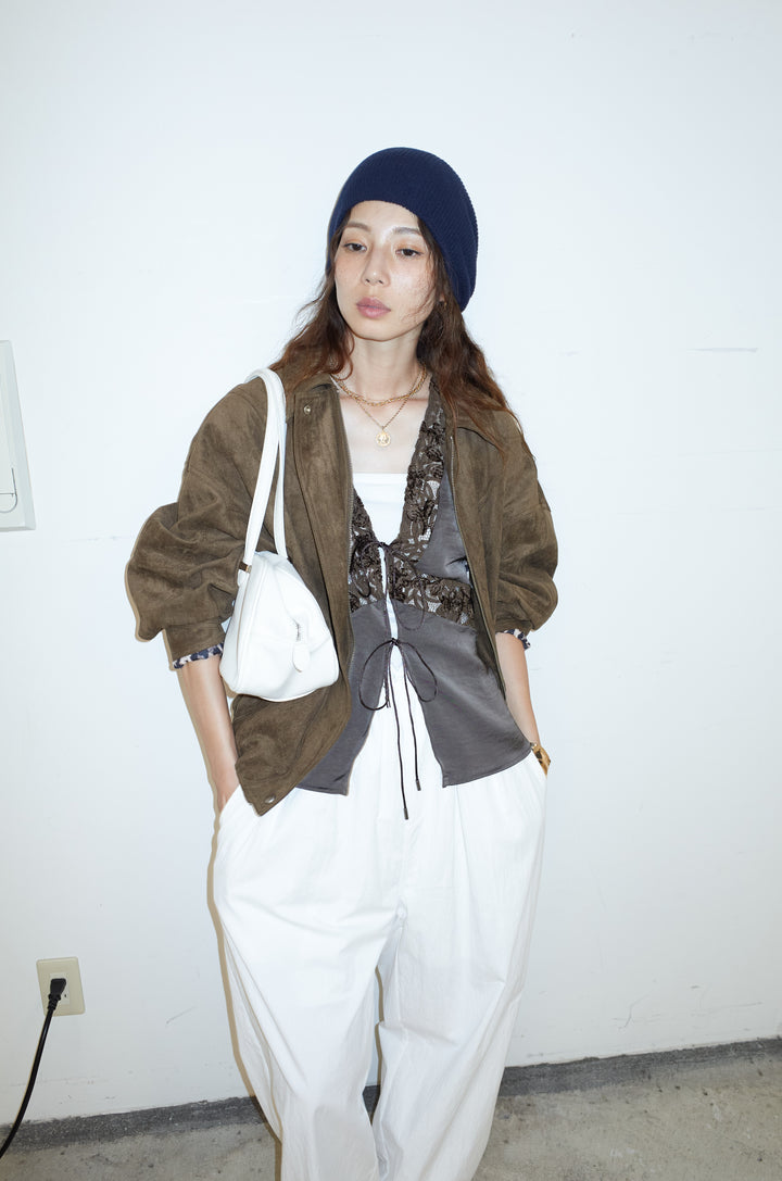 [予約/SET]フェイクスウェードブルゾン+ベロアレースサテンブラウス+裾ドロストナイロンパンツ(3set)