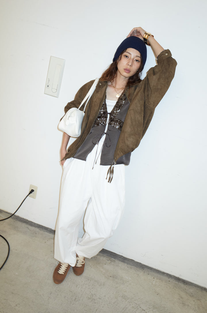 [予約/SET]フェイクスウェードブルゾン+ベロアレースサテンブラウス(2set)