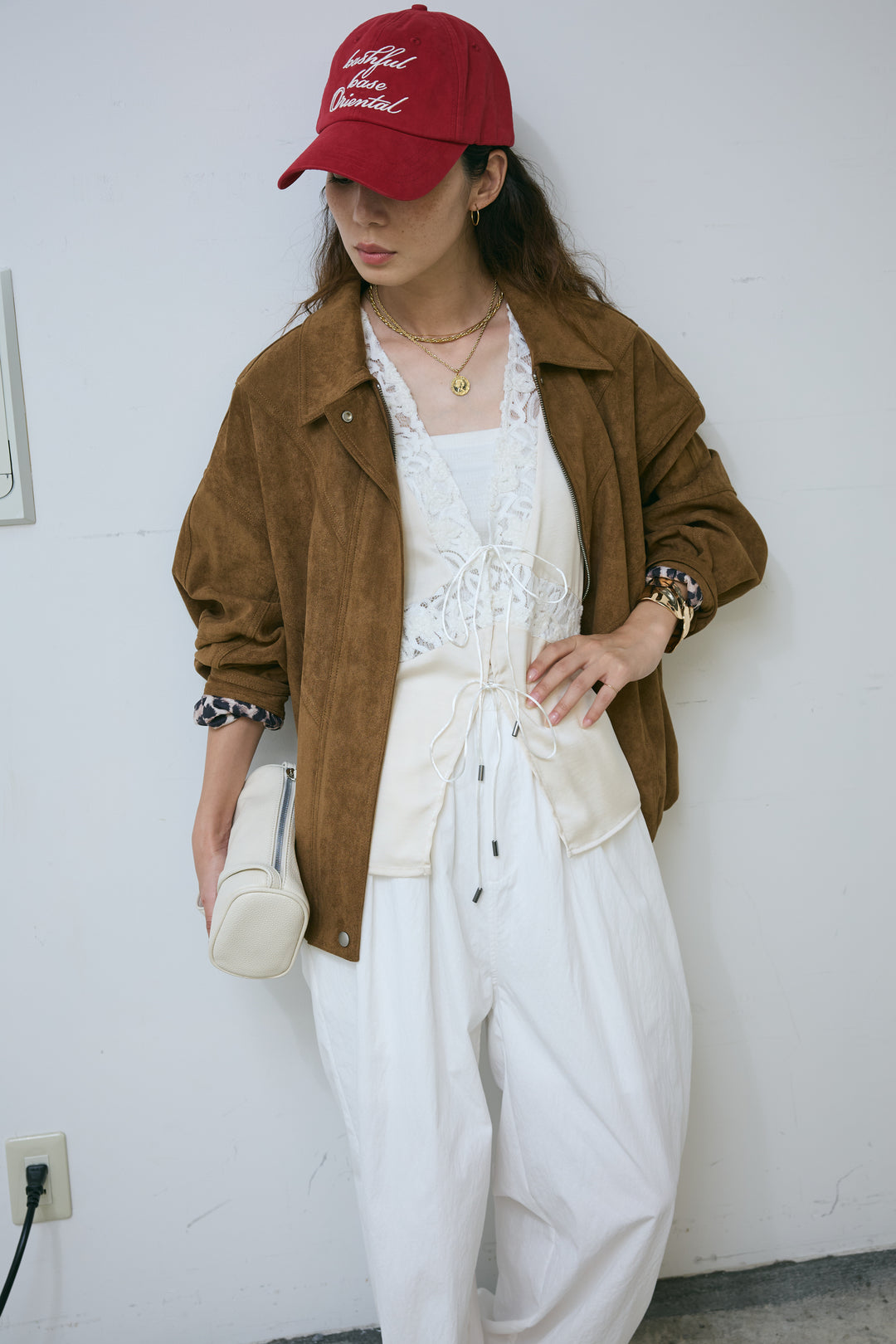 [予約/SET]フェイクスウェードブルゾン+ベロアレースサテンブラウス(2set)