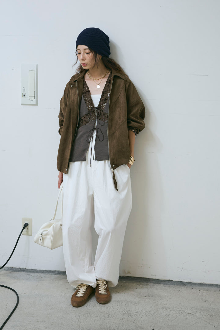 [予約/SET]フェイクスウェードブルゾン+ベロアレースサテンブラウス+裾ドロストナイロンパンツ(3set)