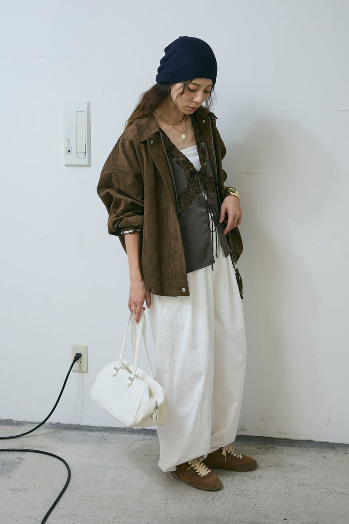 [予約/SET]フェイクスウェードブルゾン+ベロアレースサテンブラウス(2set)