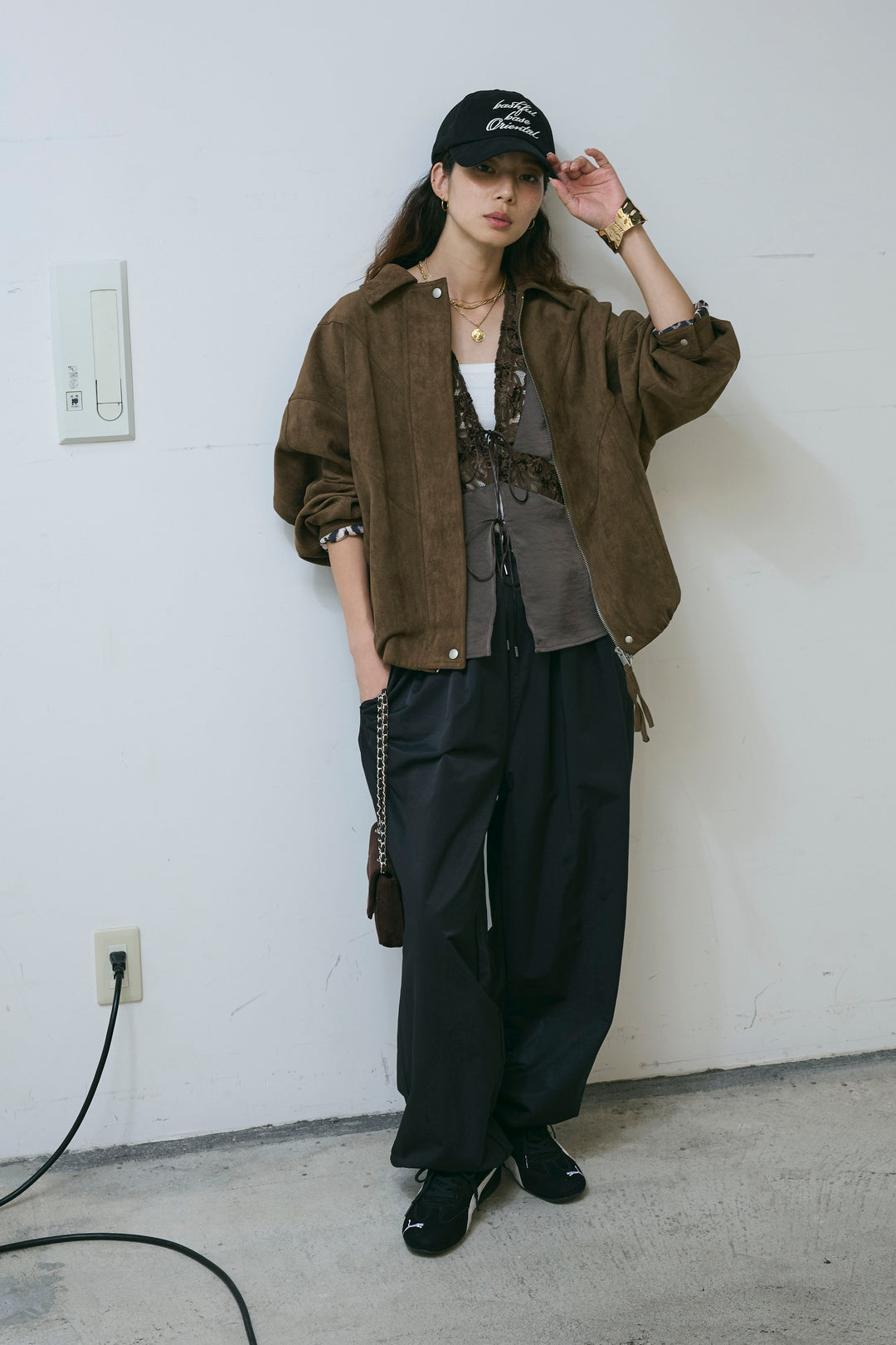 [予約/SET]フェイクスウェードブルゾン+ベロアレースサテンブラウス+裾ドロストナイロンパンツ(3set)