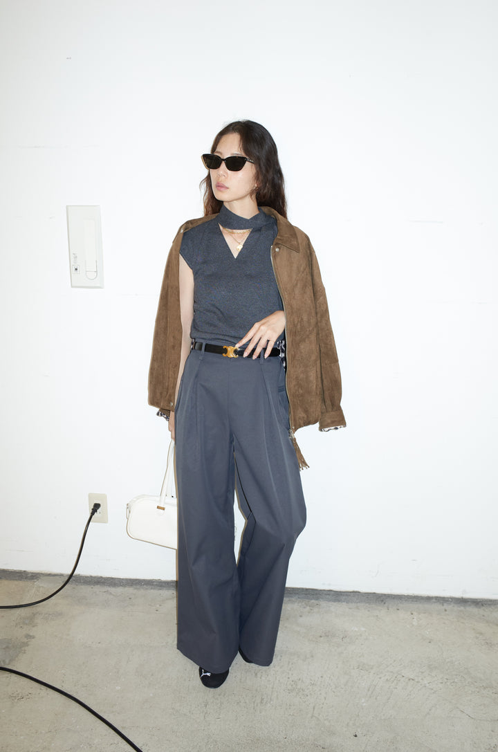 [予約/SET]フェイクスウェードブルゾン+タイつきVネックニットPO+サイドポケットカーブフォルムパンツ(3set)