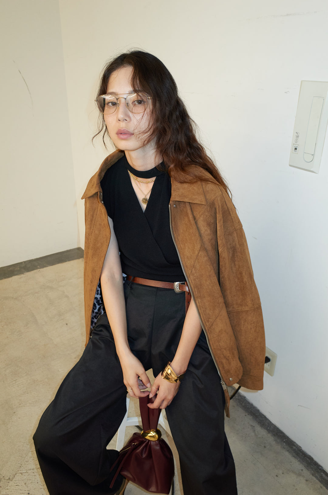 [予約/SET]フェイクスウェードブルゾン+タイつきVネックニットPO+サイドポケットカーブフォルムパンツ(3set)